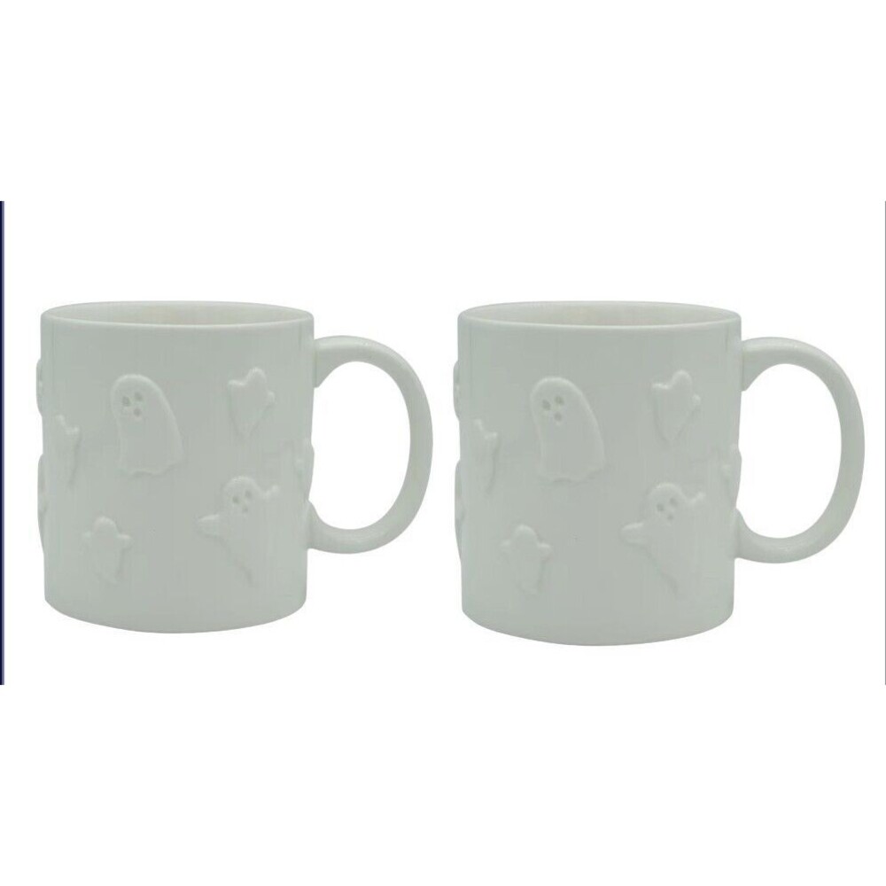 Happy Halloween Ghost Coffee Mug Set 14 oz Embossed All Over Spooky White NWT